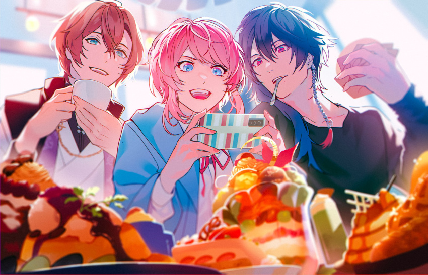 3boys amemura_ramuda androgynous arisugawa_dice bishounen black_shirt blue_eyes blue_jacket blurry cup depth_of_field desert eyelashes fling_posse food from_below green_eyes hair_between_eyes happy highres holding holding_cup holding_phone hood hooded_jacket hypnosis_mic ice_cream jacket japanese_clothes jewelry long_hair looking_at_phone male_focus minami_kazuki_(hanbee) multiple_boys open_mouth phone pink_hair pink_nails purple_hair red_eyes red_hair shirt short_hair smile sundae taking_picture teacup teeth upper_body upper_teeth_only utensil_in_mouth yumeno_gentaro