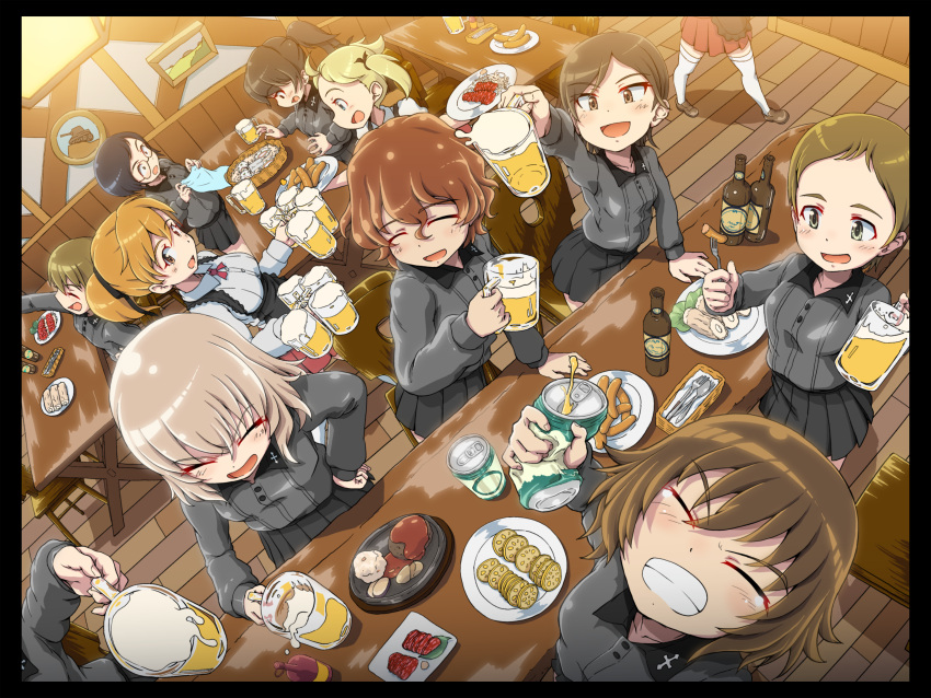 6+girls absurdres akaboshi_koume alcohol arm_up beer beer_bottle beer_can beer_mug black_border black_ribbon black_skirt blonde_hair border brown_eyes brown_hair can closed_eyes commentary_request commission cup dress_shirt drink_can dutch_angle food girls_und_panzer girls_und_panzer_saishuushou grey_hair grey_shirt grin hair_ribbon hand_on_own_hip hida_ema highres holding holding_can holding_cup indoors iruma_anna itsumi_erika itsumi_erika's_loader katsuya_megu kojima_emi kuromorimine_school_uniform kuroneko_douji leaning_forward long_sleeves medium_hair miniskirt mug multiple_girls neck_ribbon on_chair open_mouth partial_commentary party pixiv_commission plate pleated_skirt ponytail red_ribbon red_skirt ribbon school_uniform shirt shoes short_hair short_ponytail skirt smile spoilers standing table textless_version thighhighs twintails very_short_hair waitress white_shirt white_thighhighs wing_collar wooden_floor