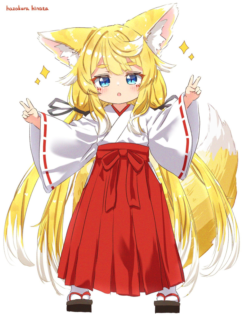 animal_ears blonde_hair blue_eyes child fox_ears fox_girl fox_tail hakama hakama_skirt hazakura_hinata highres japanese_clothes kimono miko original red_hakama simple_background skirt tail white_background white_kimono