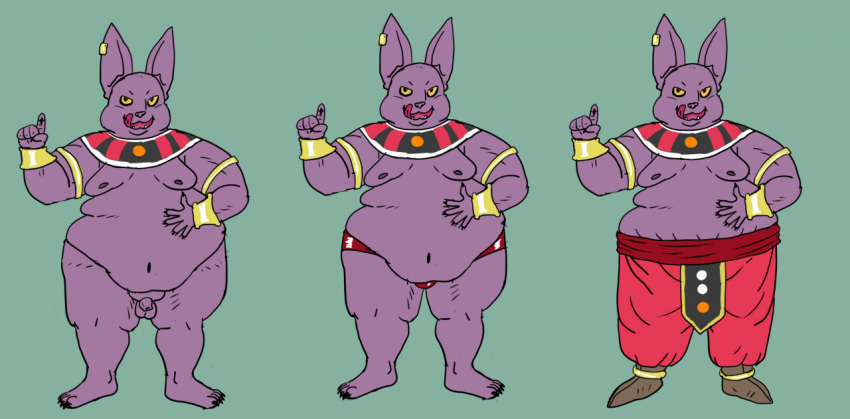 2021 anthro balls belly big_belly bottomwear champa clothing domestic_cat dragon_ball dragon_ball_super ear_piercing ear_ring felid feline felis genitals geuremon green_background male mammal moobs nipples overweight overweight_male pants penis piercing purple_body ring_piercing simple_background small_penis solo underwear