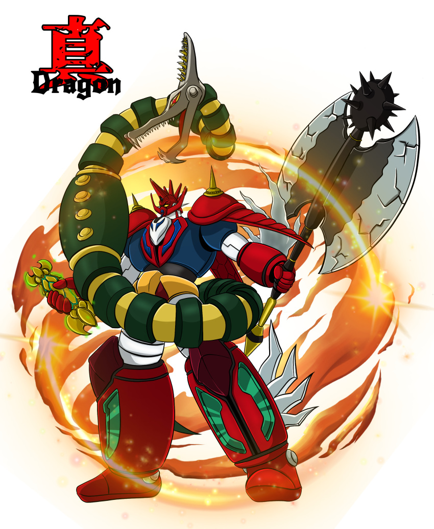 absurdres armor aura axe ayachu_(getter_robo_artist) blue_armor fire getter_dragon getter_robo getter_robo_g green_armor highres holding holding_axe holding_weapon horns joints leg_blade mace mecha mechanical_horns multicolored_armor non-humanoid_robot red_armor red_eyes robot robot_dragon robot_joints sharp_teeth shoulder_spikes spiked_mace spikes super_robot teeth uzaara weapon white_armor yellow_armor yellow_eyes