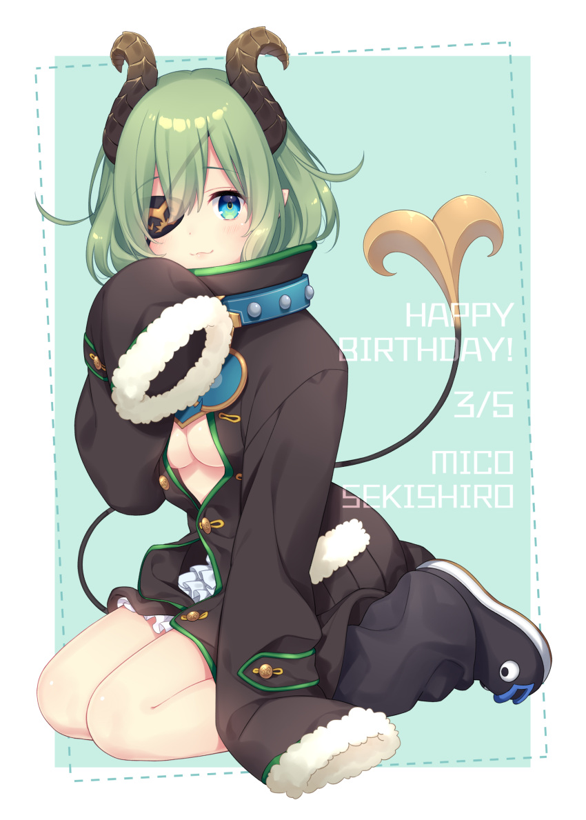 1girl absurdres black_footwear black_jacket black_socks blue_background blue_eyes breasts character_name cleavage closed_mouth commentary_request dated demon_horns dotted_line eyepatch fur-trimmed_sleeves fur_trim green_hair hair_between_eyes happy_birthday highres honey_strap horns jacket kusumoto_shizuru layered_skirt long_sleeves looking_at_viewer loose_socks medium_breasts nanashi_inc. pleated_skirt sekishiro_mico shoes sitting skirt sleeves_past_fingers sleeves_past_wrists smile socks solo tail two-tone_background virtual_youtuber wariza white_background white_skirt