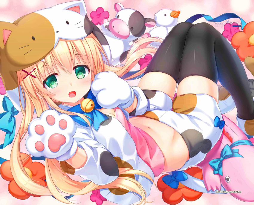 1girl :d absurdres animal_costume animal_hands bell black_thighhighs blonde_hair blue_bow blush bow breasts cat_costume cleavage company_name copyright_name foot_out_of_frame gloves green_eyes hair_between_eyes hair_ornament happy highres hood hood_up jingle_bell knees_together_feet_apart knees_up long_hair long_sleeves looking_at_viewer lying nagayama_yuunon navel neck_bell official_alternate_costume official_art on_back open_clothes open_mouth open_shirt paw_gloves pink_background ringed_eyes shirt shorts sidelocks simple_background skindentation small_breasts smile solo stuffed_animal stuffed_cow stuffed_crocodile stuffed_duck stuffed_toy summer_pockets thigh_gap thighhighs thighs tsumugi_wenders twintails waving white_shirt white_shorts x_hair_ornament zettai_ryouiki