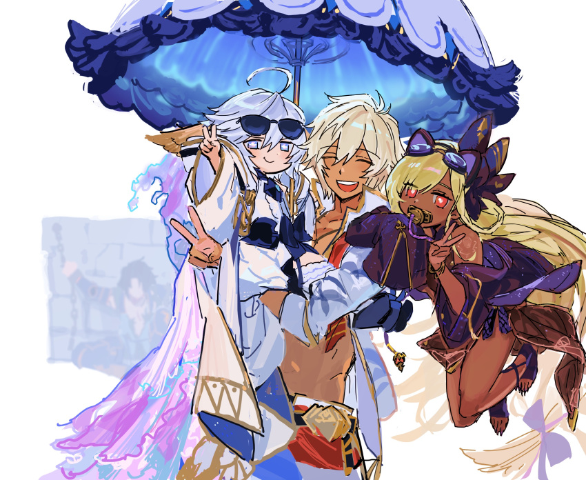 2boys 2girls ahoge animal_ear_hairband animal_ears blonde_hair blue_eyes blush bow breasts brick_wall bright_pupils cape cat_ear_hairband cat_ears chain chained closed_eyes dark_skin dress fake_animal_ears flat_chest floating floating_hair goggles goggles_on_head granblue_fantasy hair_between_eyes hairband harvin helel_ben_shalem highres holding holding_umbrella jacket jacket_on_shoulders lancelot_(granblue_fantasy) long_braid long_sleeves lucio_(overwatch) messy_hair multiple_boys multiple_girls official_alternate_costume open_clothes open_jacket oversized_clothes see-through size_difference sketch small_breasts smile star-shaped_pupils star_(symbol) sundress sunglasses symbol-shaped_pupils tan topless_male umbrella v wahoosandalphon wamdus_(granblue_fantasy) white_background white_hair white_pupils wide_sleeves