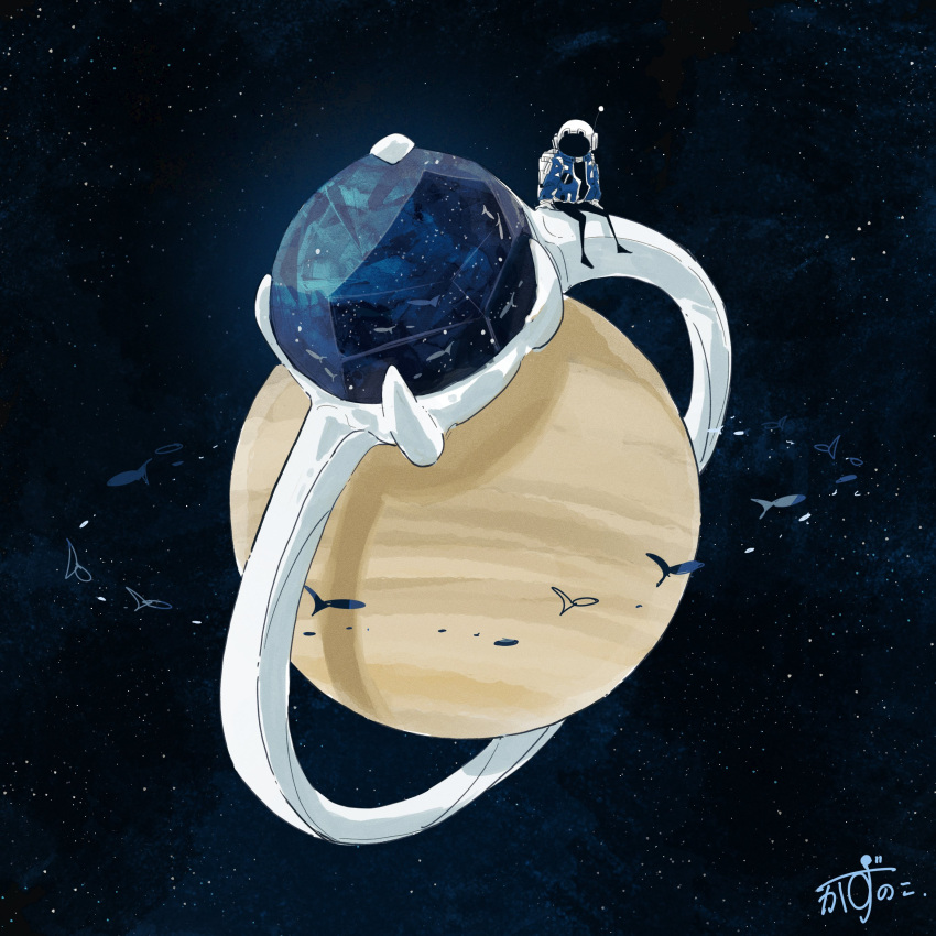 1other absurdres astronaut blue_gemstone blue_theme fish gem helmet highres jewelry kazunoko_(kazunoko_zunoco) mini_person original planet planetary_ring ring school_of_fish signature sitting solo space space_helmet spot_color