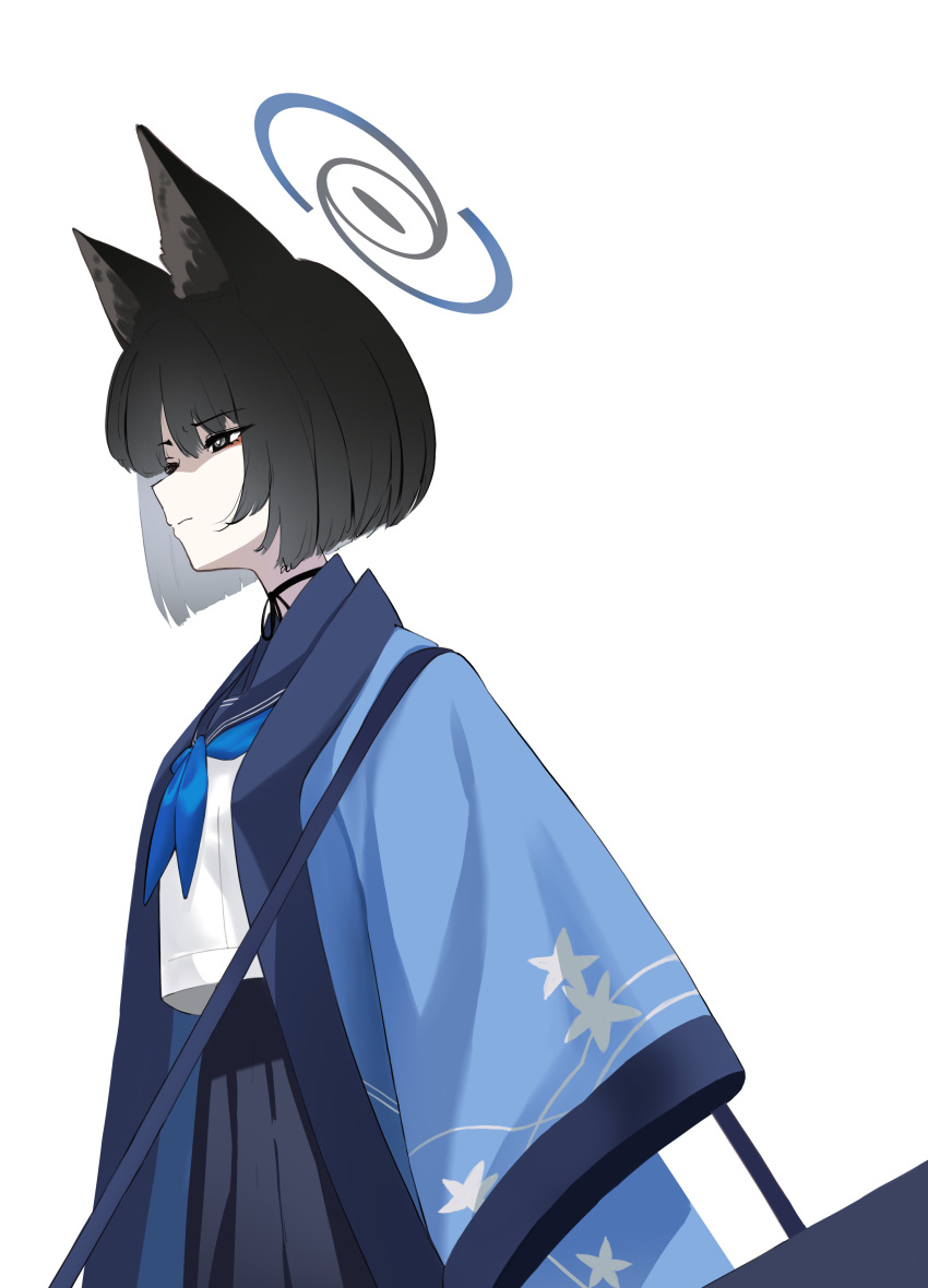 1girl absurdres animal_ear_fluff animal_ears black_choker black_eyes black_hair blue_archive bow_choker cat_ears cat_girl choker commentary_request from_side halo haori highres japanese_clothes kikyou_(blue_archive) long_sleeves parted_bangs ribbon_choker short_hair sidelocks simple_background solo takinohamira white_background wide_sleeves