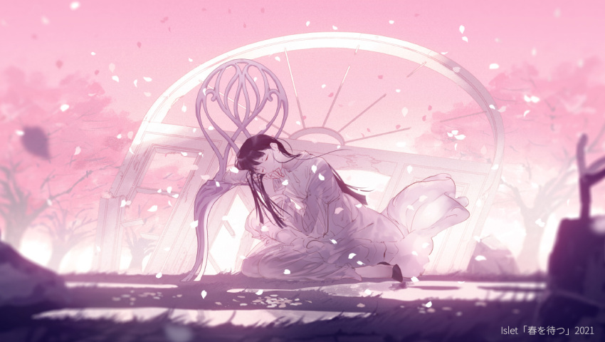 1girl 2021 ajimita arch audible_music black_hair blurry blurry_foreground broken_window chair cherry_blossoms closed_eyes closed_mouth day dress falling_petals flats grass long_dress long_hair lying music_video on_side original outdoors petals pink_sky pink_theme puddle sky solo sound tree white_dress