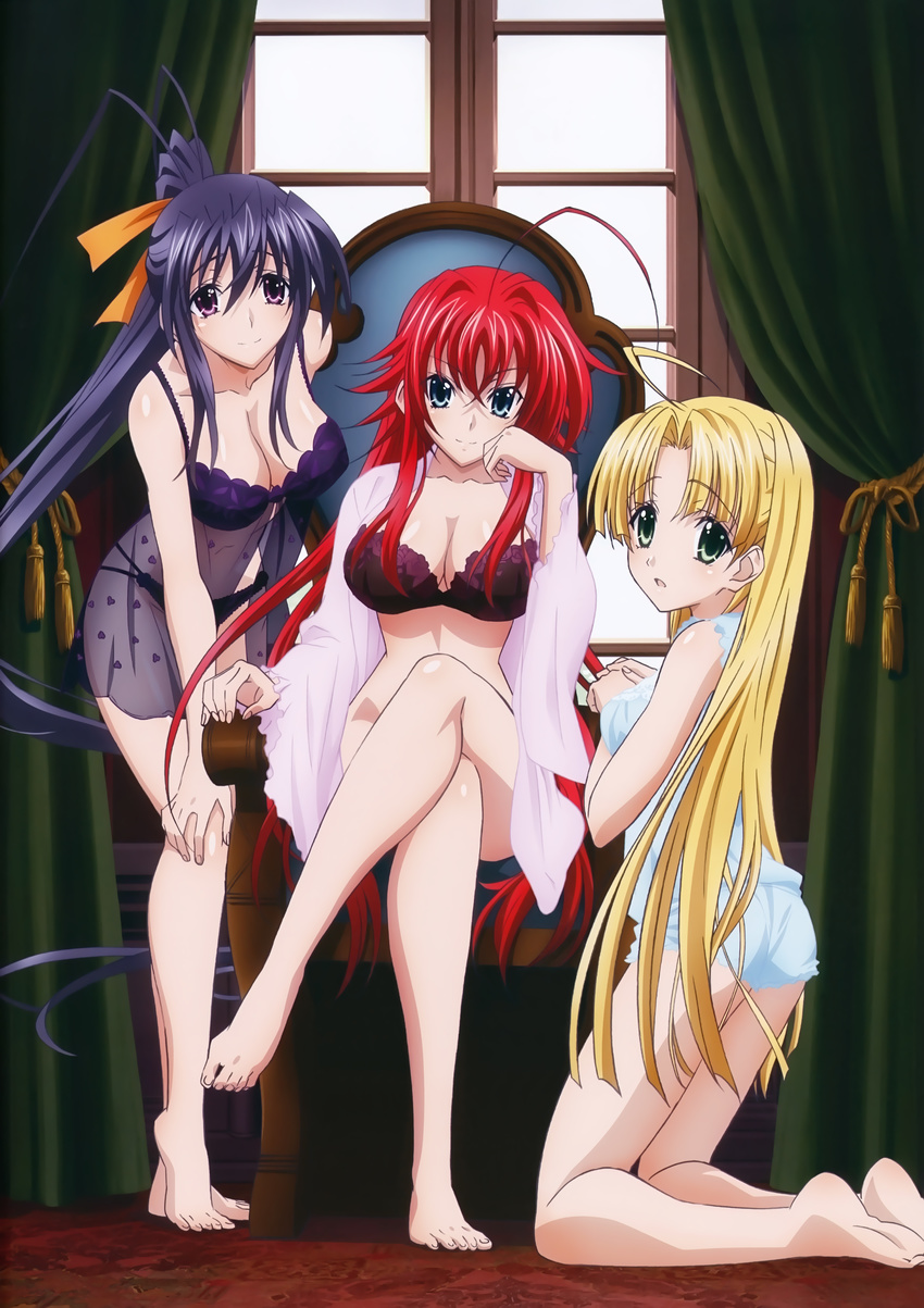 absurdres ahoge artist_request asia_argento blonde_hair blue_eyes breasts cleavage green_eyes hair_ribbon high_school_dxd highres himejima_akeno large_breasts long_hair looking_at_viewer multiple_girls official_art open_mouth panties ponytail purple_eyes red_hair rias_gremory ribbon scan see-through smile underwear very_long_hair