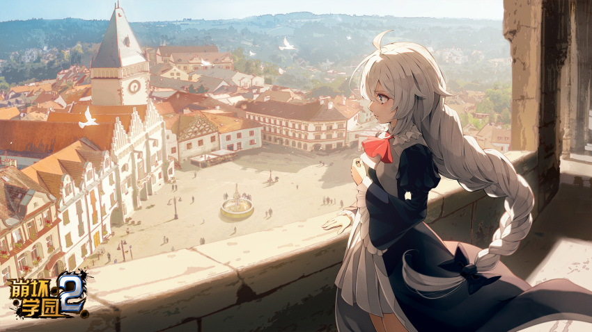 1girl ahoge benghuai_xueyuan bird blue_eyes building city copyright_name day highres honkai_(series) kallen_kaslana logo long_hair official_art scenery second-party_source shadow solo white_hair