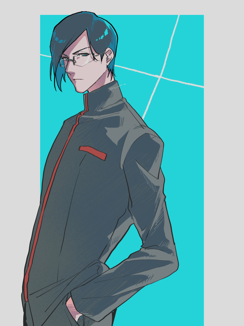 1boy a_nzi_end black_hair bleach blue_background blue_eyes border breast_pocket closed_mouth glasses grey_border grey_pants grey_shirt hands_in_pockets highres ishida_uryuu looking_at_viewer loose_hair_strand male_focus pants pocket school_uniform shirt signature solo swept_bangs upper_body