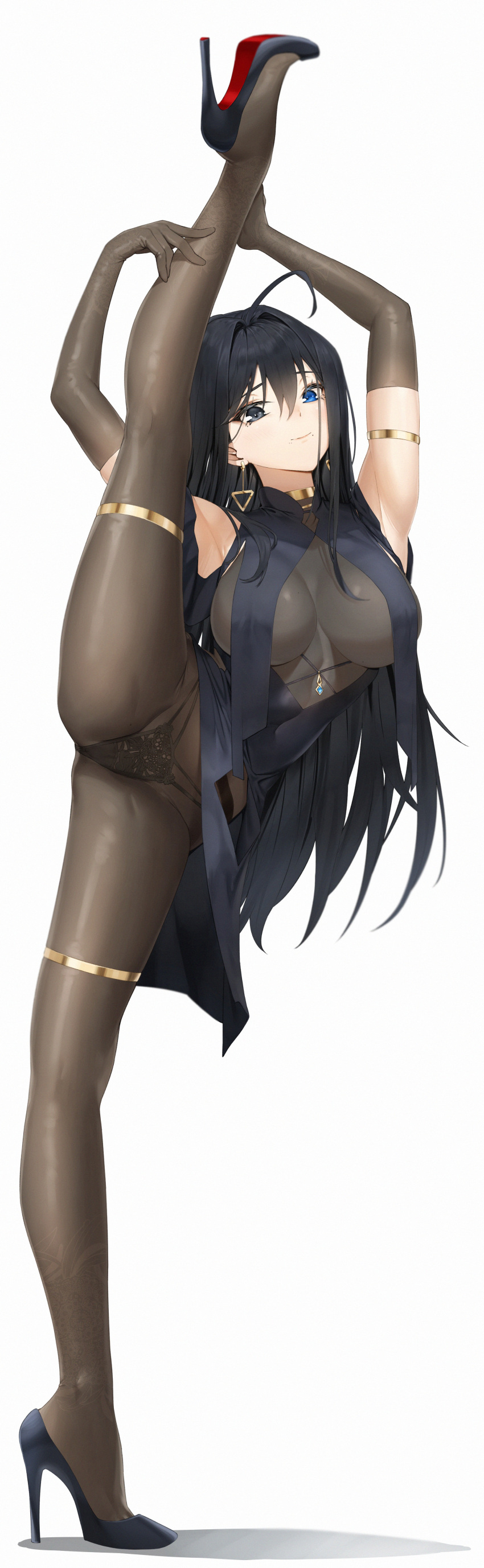 1girl absurdres ahoge armlet armpits arms_up black_dress black_eyes black_footwear black_panties blue_hair bodystocking breast_curtains breasts brown_gloves commission covered_navel dress earrings elbow_gloves full_body gloves heterochromia high_heels highres jewelry large_breasts leg_lift leg_up long_hair looking_at_viewer original panties pixel_(yuxian) pixiv_commission simple_background solo split standing standing_on_one_leg standing_split thighlet underwear very_long_hair white_background