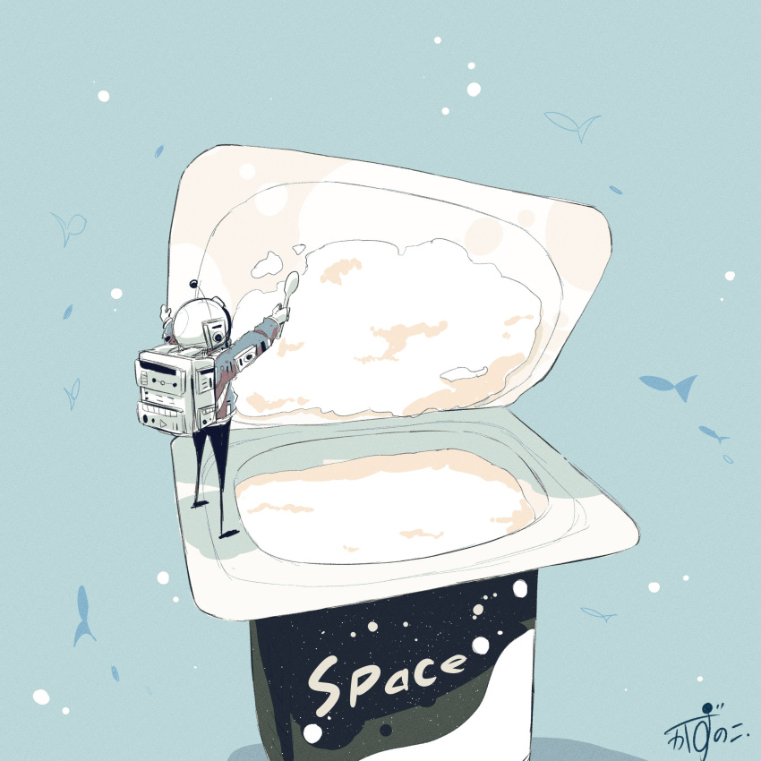 1other absurdres astronaut backpack bag blue_background box cleaning cloud fish from_behind hands_up helmet highres kazunoko_(kazunoko_zunoco) mini_person original outstretched_arm simple_background solo space space_helmet standing yogurt