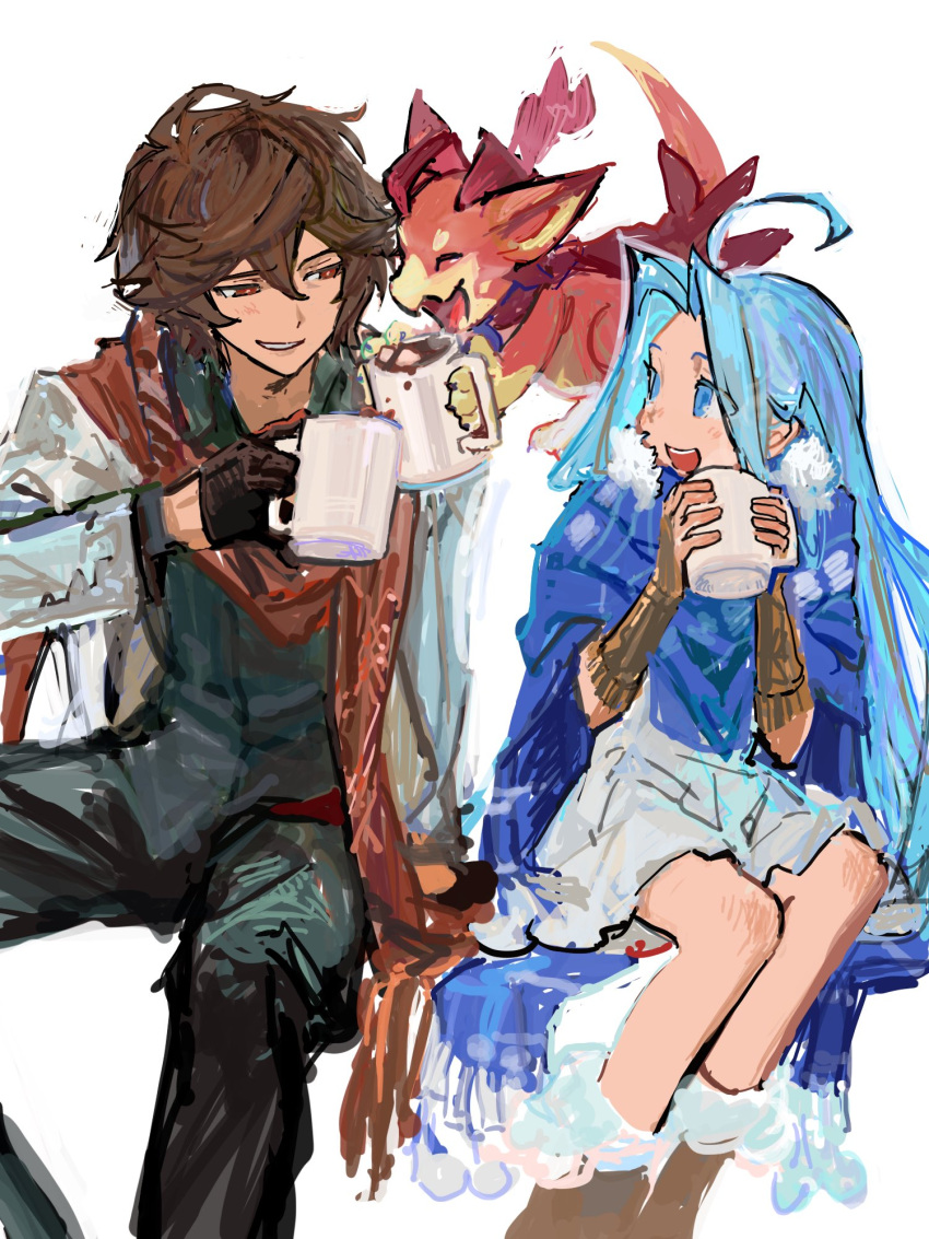 1boy 1girl :d alternate_costume animal_ears black_pants black_shirt blue_capelet blue_eyes blue_hair boots brown_gloves brown_hair cape capelet closed_eyes coffee coffee_mug cup dragon dress english_commentary food fur-trimmed_capelet fur_trim gloves granblue_fantasy grin hair_intakes happy highres hot_chocolate jacket long_hair looking_at_another lyria_(granblue_fantasy) marshmallow messy_hair mug official_alternate_costume pants parted_bangs red_eyes red_scarf sandalphon_(granblue_fantasy) scarf shirt short_hair sketch smile tail vyrn_(granblue_fantasy) wahoosandalphon white_dress white_jacket winter_clothes