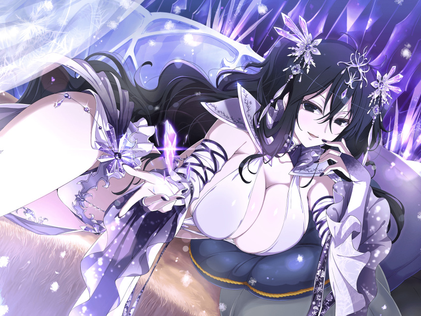 1girl alternate_costume armpit_crease black_eyes black_hair black_nails blue_gemstone blush breasts bridal_gauntlets cleavage collarbone couch crystal crystal_hair_ornament curtains detached_sleeves fingernails floral_print fubuki_(senran_kagura) gem hair_between_eyes hair_ornament highres jewelry large_breasts long_hair looking_at_viewer lying nail_polish official_alternate_costume official_art on_couch on_side parted_lips pillow purple_gemstone revealing_clothes senran_kagura senran_kagura_new_link shoulder_pads smile snowflake_hair_ornament snowflake_print snowing solo thighs third-party_source transparent transparent_curtains very_long_hair wavy_hair white_bridal_gauntlets yaegashi_nan