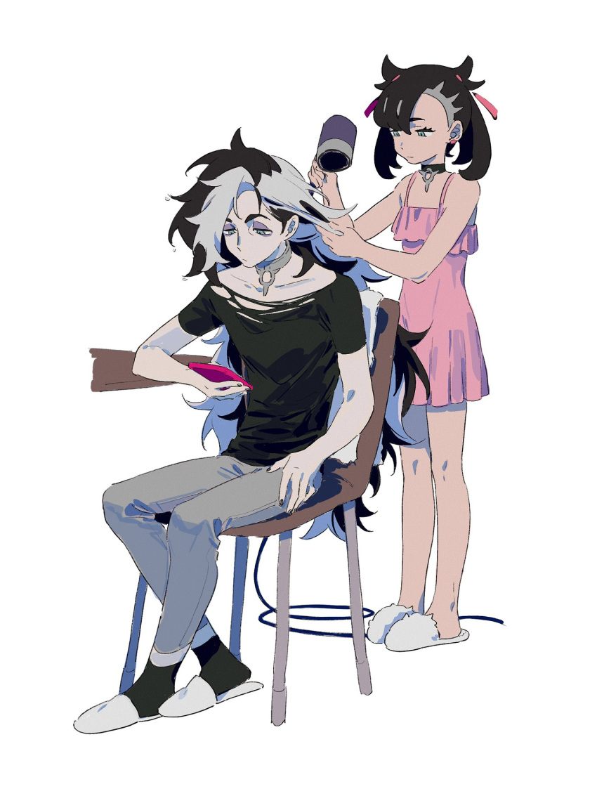 1boy 1girl black_choker black_hair black_shirt black_socks brother_and_sister choker collarbone dress drying drying_hair earrings grey_pants hair_dryer hair_ribbon highres holding holding_hair_dryer holding_phone jewelry knees looking_down marnie_(pokemon) molymes multicolored_hair pants phone piers_(pokemon) pink_dress pink_ribbon pokemon pokemon_swsh ribbon shirt siblings sitting sleeveless sleeveless_dress slippers socks standing two-tone_hair white_background