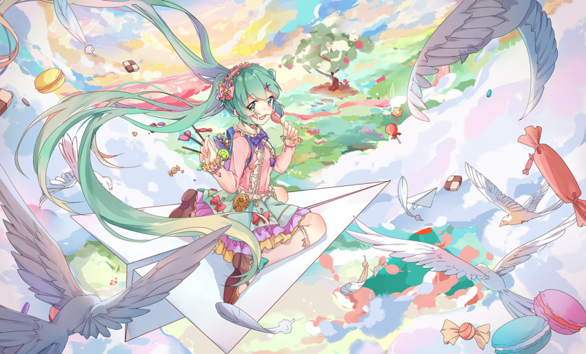 1girl :d alternate_costume bird biscuit_(bread) bow bowtie brown_footwear candy chinese_commentary cloud commentary_request day dove dress feathers flying food frilled_dress frilled_hairband frilled_shirt_collar frilled_sleeves frills green_eyes green_hair green_skirt hairband hatsune_miku holding holding_candy holding_food holding_lollipop holding_pocky lollipop long_hair long_sleeves looking_at_viewer looking_back macaron mary_janes mountain multicolored_clothes multicolored_skirt multicolored_sky natie_(latte) open_mouth outdoors paper_airplane pill pink_bow pink_shirt pocky purple_bow purple_bowtie purple_skirt shirt shoes sitting skirt sky smile solo star_(symbol) tree twintails vocaloid wariza wrapped_candy yellow_skirt