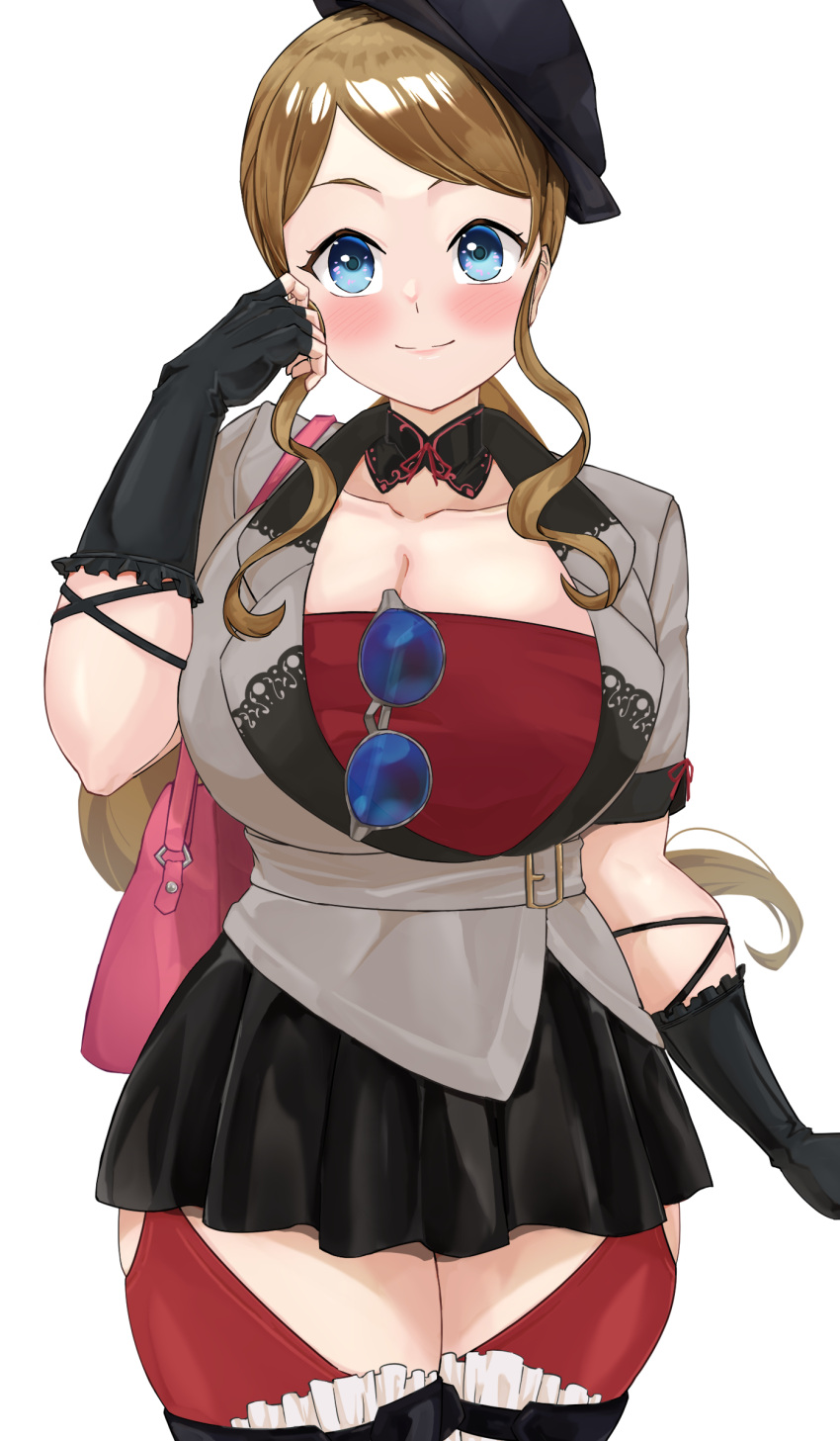 1girl absurdres aged_up bag black_gloves black_headwear black_skirt blue_eyes blush breasts brown_hair cleavage closed_mouth commentary_request commission cowboy_shot detached_collar eyewear_hang fingerless_gloves gloves grey_shirt hand_up hat highres hizakake huge_breasts long_hair looking_at_viewer parted_bangs pink_bag pleated_skirt pokemon pokemon_xy red_thighhighs red_tube_top serena_(pokemon) shirt shoulder_bag simple_background skeb_commission skindentation skirt smile solo standing strapless sunglasses thigh_strap thighhighs tilted_headwear tube_top unworn_eyewear white_background