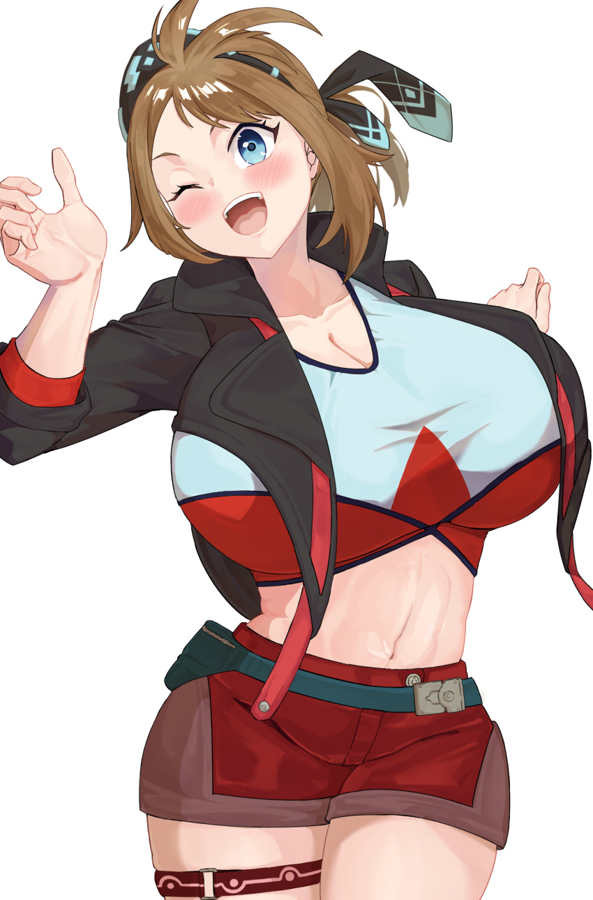 1girl ;d absurdres aged_up bandana black_bandana black_jacket blue_eyes blue_shirt blush breasts brown_hair cleavage collarbone commentary_request commission cowboy_shot cropped_shirt fanny_pack hands_up highres hizakake huge_breasts jacket long_hair looking_at_viewer may_(pokemon) midriff navel one_eye_closed open_clothes open_jacket open_mouth pokemon pokemon_oras red_shirt red_shorts shirt short_shorts shorts sidelocks simple_background skeb_commission skindentation sleeves_past_elbows smile solo standing teeth thigh_strap two-tone_shirt upper_teeth_only white_background