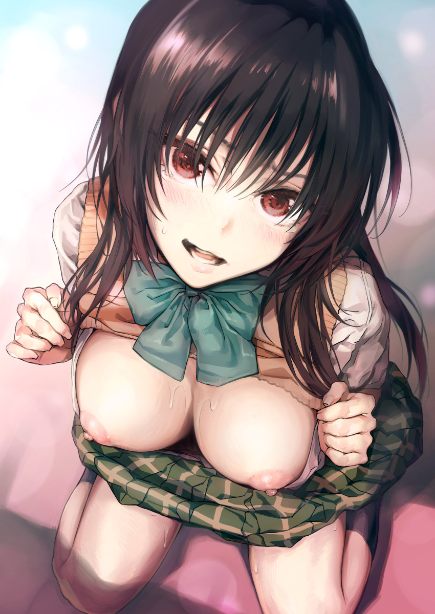 1girl absurdres aqua_bow black_hair blush bow breasts breasts_out cleavage commentary_request embarrassed eyebrows_hidden_by_hair eyelashes foreshortening from_above green_skirt hair_between_eyes hair_over_shoulder highres kotegawa_yui large_breasts long_hair looking_at_viewer looking_up nervous_smile nipples open_mouth pleated_skirt presenting presenting_breasts red_eyes sainan_high_school_uniform samucha school_uniform shirt sitting skirt smile solo sweat sweatdrop sweater_vest tears teeth to_love-ru to_love-ru_darkness tsurime upturned_eyes white_shirt yellow_sweater_vest