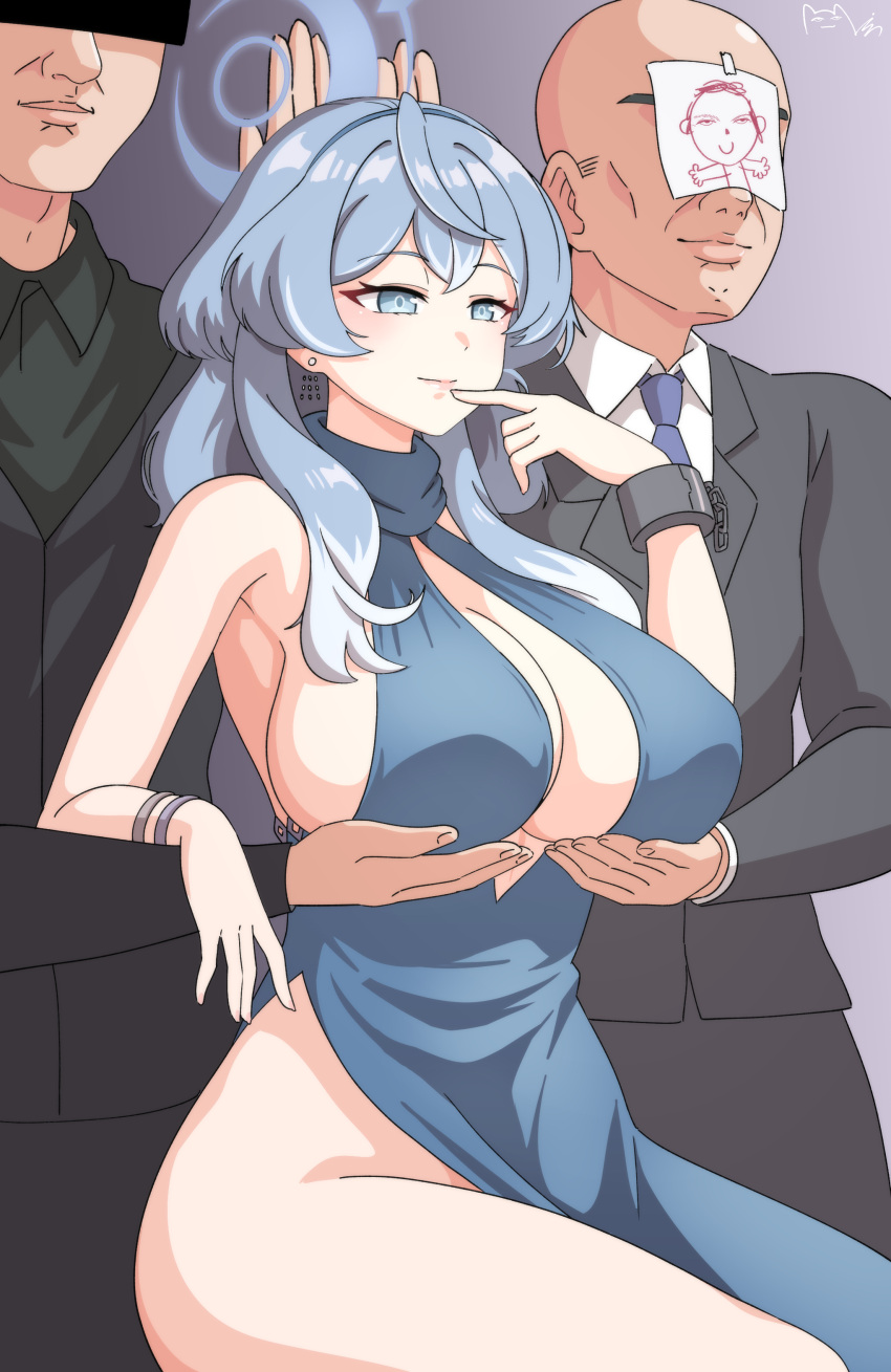 1girl 2boys absurdres ako_(blue_archive) ako_(dress)_(blue_archive) bare_shoulders blue_archive blue_dress blue_eyes blue_hair blue_halo blue_necktie bracelet breast_hold breasts business_suit chain character_request closed_mouth cuffs drawing_(object) dress earrings faceless faceless_male finger_to_mouth gradient_hair grey_jacket grey_pants halo halter_dress halterneck highres jacket jewelry large_breasts light_smile long_hair majinmallow meme multicolored_hair multiple_boys necktie no_panties official_alternate_costume pants paper plunging_neckline servants_holding_aphrodite's_breasts_(meme) shackles shuumatsu_no_valkyrie side_slit sideboob sideless_dress sitting sleeveless sleeveless_dress stud_earrings suit white_hair