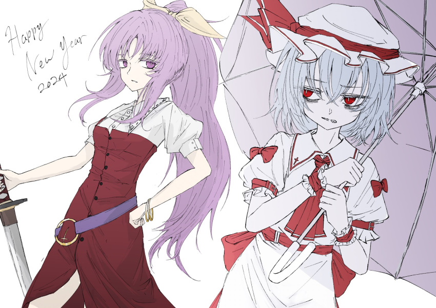 2girls aizettonagi ascot bags_under_eyes belt blue_hair bow bracelet buttons collared_shirt dress fang hair_bow hair_ribbon hat highres holding holding_umbrella jewelry katana long_hair looking_at_another multiple_girls ponytail purple_eyes purple_hair red_ascot red_eyes remilia_scarlet ribbon shirt short_hair short_sleeves single_strap sword touhou umbrella watatsuki_no_yorihime weapon