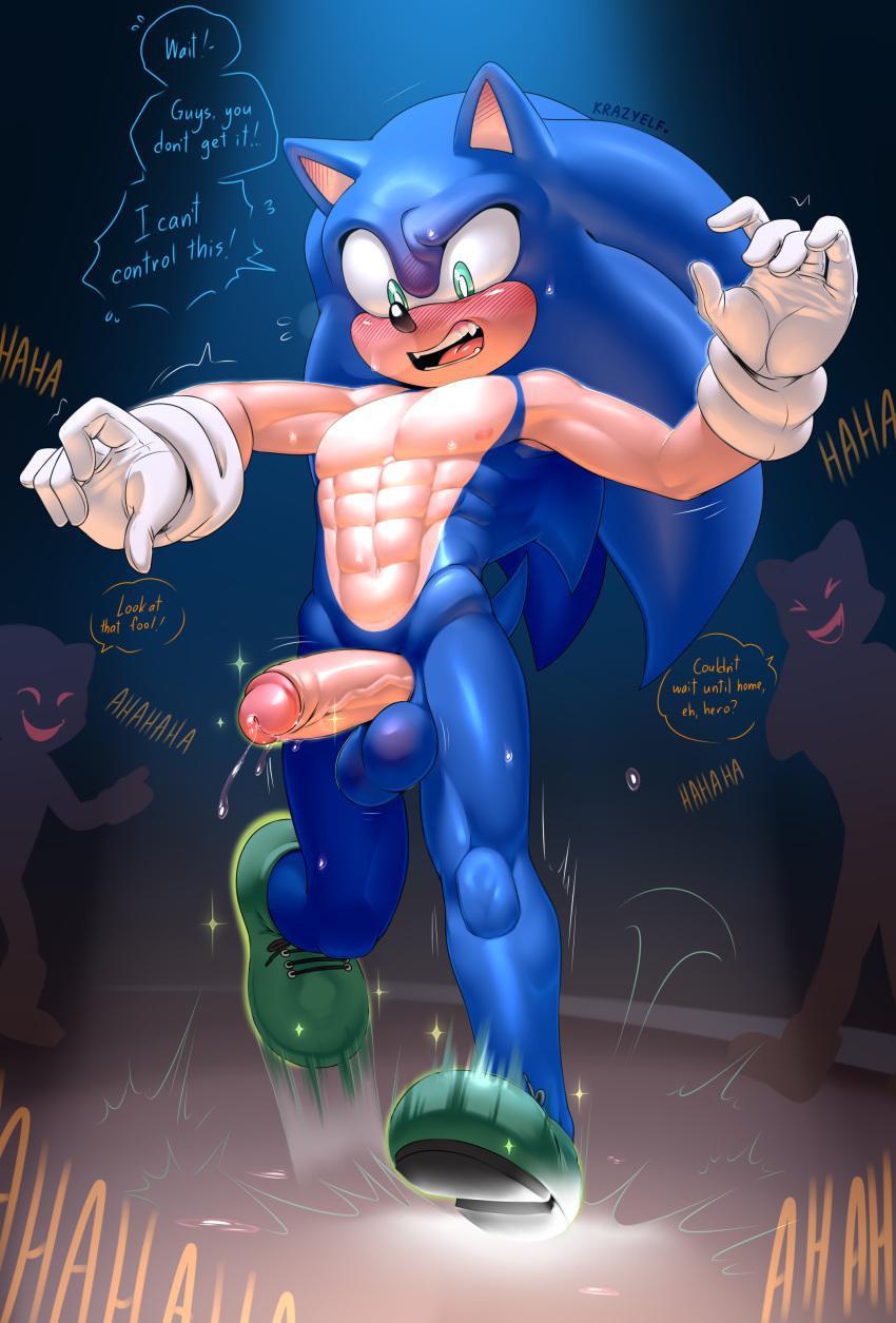 2024 abs absurd_res anthro balls blue_body blush bodily_fluids clothing dialogue english_text erection eulipotyphlan footwear genital_fluids genitals gloves green_eyes group handwear hedgehog hi_res krazyelf laughing_at male mammal mostly_nude multicolored_body muscular muscular_anthro muscular_male open_mouth penis precum public public_nudity sega shoes solo_focus sonic_the_hedgehog sonic_the_hedgehog_(series) sweat tan_body text trio two_tone_body