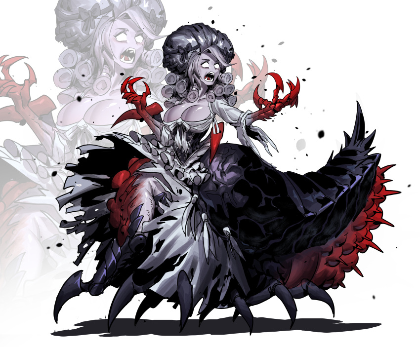 1girl absurdres arthropod_limbs blank_eyes bodice bow breasts character_request chinese_commentary cleavage colored_skin commentary_request curly_hair darkest_dungeon debris extra_arms extra_legs fangs frilled_skirt frills grey_skin hair_bow hair_ribbon highres huge_breasts koiking_(liyuw099) monster_girl monsterification red_claws ribbon screaming skirt spikes torn_clothes white_hair
