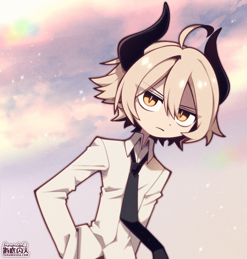 1boy ahoge artist_name black_horns black_necktie blonde_hair closed_mouth collared_shirt commission demon_horns funamusea_(artist) hair_between_eyes hand_in_pocket highres horns light_particles male_focus necktie orange_eyes original serious shirt short_hair sidelocks sky solo sparkle web_address white_shirt