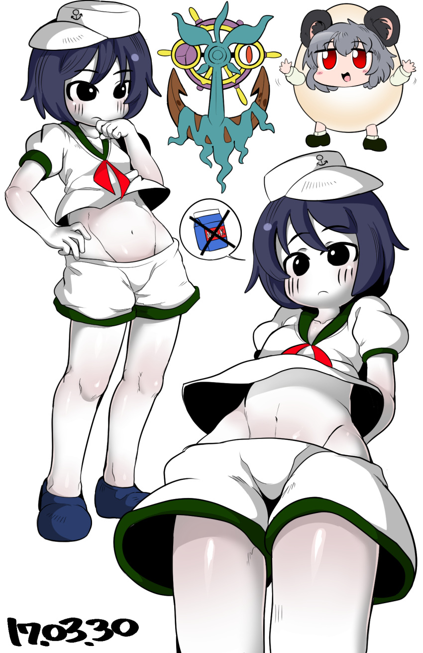 2girls anchor_symbol animal_ears black_eyes black_hair blue_footwear blush body_blush breasts closed_mouth colored_skin commentary_request cookie_(touhou) cowboy_shot crop_top dated egg_costume expressionless full_body grey_hair groin hat highres looking_at_viewer medium_bangs midriff milk_(cookie) mouse_ears mouse_girl multiple_girls multiple_views murasa_minamitsu navel nazrin neckerchief nyon_(cookie) red_eyes red_neckerchief sailor_collar sailor_hat sailor_shirt shirt shoes short_hair shorts sideways_hat simple_background small_breasts solo_focus tetugakuzonbi touhou white_background white_headwear white_shirt white_shorts white_skin