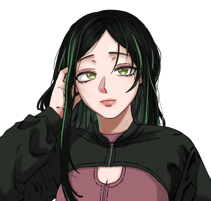 1girl absurdres aegyo_sal black_hair black_jacket breasts cleavage cleavage_cutout closed_mouth clothing_cutout cropped_jacket green_eyes green_hair hair_tucking hand_up highres jacket looking_at_viewer mole mole_under_eye mole_under_mouth multicolored_hair oshi_no_ko shiranui_frill sidelocks simple_background solo streaked_hair upper_body user_pshv7483 white_background