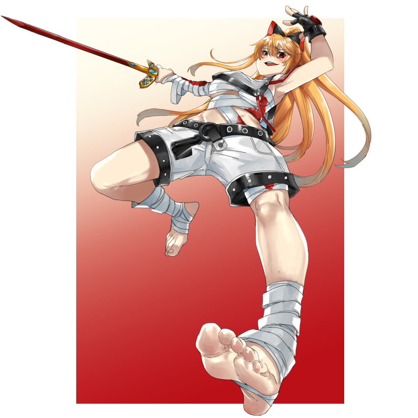 1girl a.b.a a.b.a_(cosplay) armpits bandages belt black_bow black_gloves blonde_hair border bow breasts cosplay eiji_(eiji) fingerless_gloves foreshortening full_body gloves granblue_fantasy granblue_fantasy_versus:_rising guilty_gear guilty_gear_xx hair_between_eyes hair_bow highres holding holding_sword holding_weapon long_hair medium_breasts open_mouth ponytail red_eyes short_shorts shorts solo sword vira_(granblue_fantasy) weapon white_border