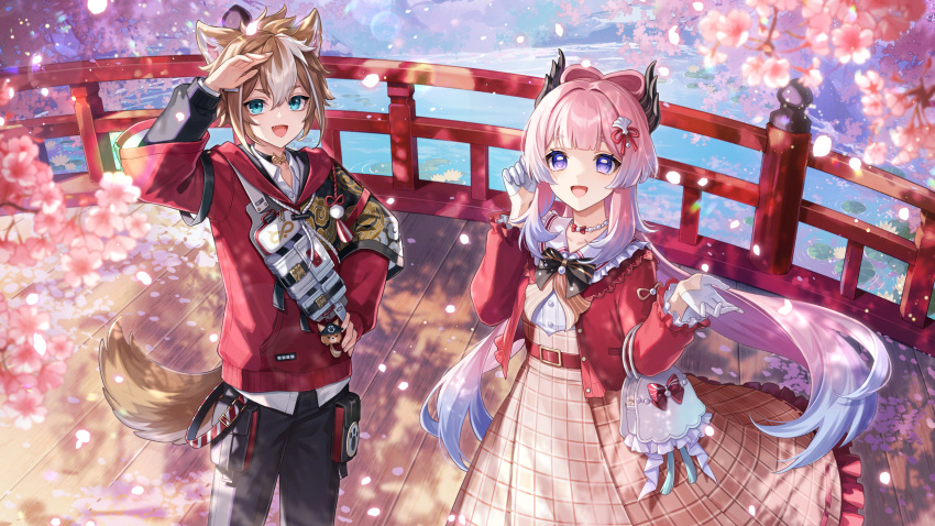 1boy 1girl absurdres amaichi_esora bag beads belt black_bow blue_hair bow bow-shaped_hair colored_tips dress falling_petals genshin_impact gloves gorou_(genshin_impact) gorou_(sushiro)_(genshin_impact) half_gloves handbag highres jacket jewelry light_blue_hair long_hair long_sleeves looking_at_viewer multicolored_hair necklace official_alternate_costume open_mouth outdoors petals red_belt red_jacket sangonomiya_kokomi sangonomiya_kokomi_(sushiro) smile striped_clothes striped_dress white_bag white_gloves