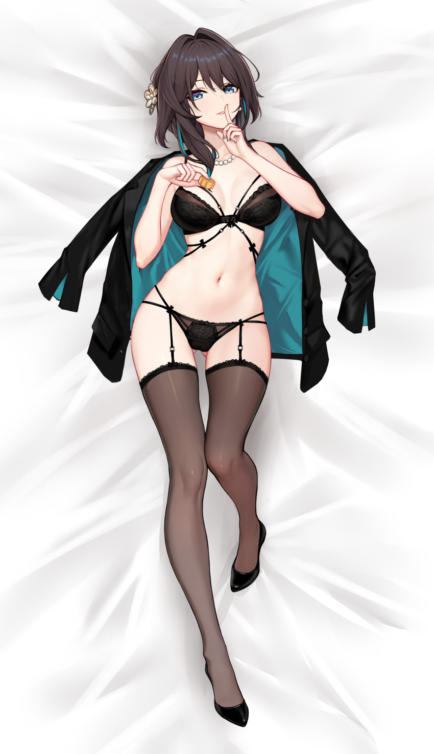 1girl absurdres alternate_costume bed_sheet black_bra black_footwear black_hair black_jacket black_panties blue_eyes bra brown_thighhighs commentary_request full_body garter_straps hand_up highres holding honkai:_star_rail honkai_(series) jacket long_hair lying on_back panties parted_lips ruan_mei_(honkai:_star_rail) solo thighhighs thighs underwear yunkaiming