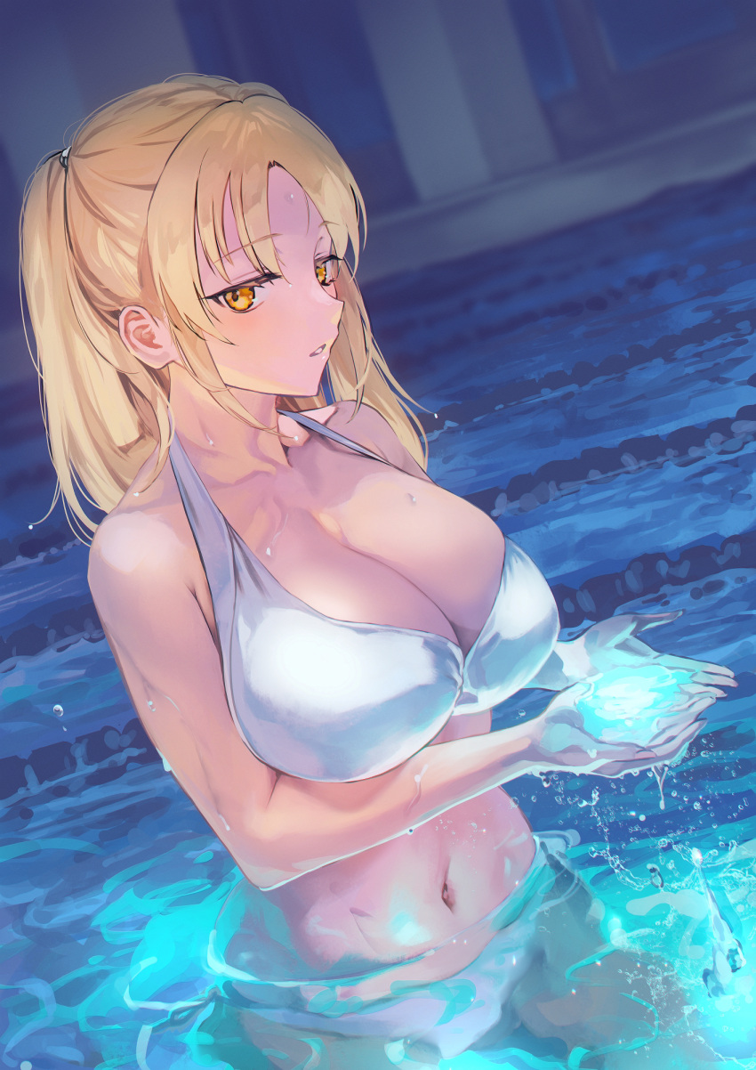 1girl bikini blonde_hair breasts cleavage collarbone commentary dutch_angle highres large_breasts looking_at_viewer navel nijisanji otsudou partially_submerged pool refraction sister_claire solo stomach swimsuit virtual_youtuber water_drop white_bikini yellow_eyes