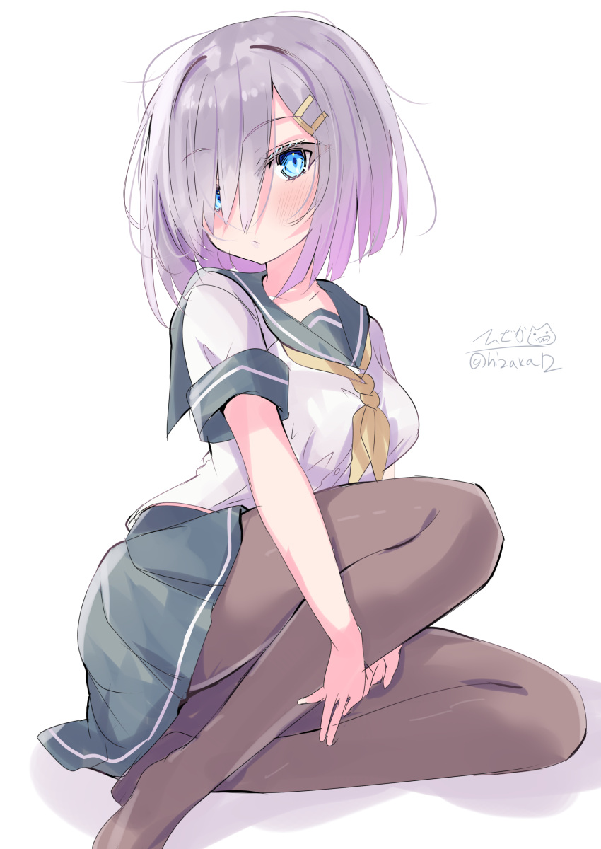 1girl absurdres black_pantyhose blue_eyes blush breasts gloves grey_hair grey_sailor_collar grey_skirt hair_ornament hair_over_one_eye hairclip hamakaze_(kancolle) highres hizaka kantai_collection large_breasts looking_at_viewer neckerchief pantyhose pleated_skirt sailor_collar school_uniform serafuku short_hair short_sleeves signature simple_background sitting skirt solo white_background yellow_neckerchief