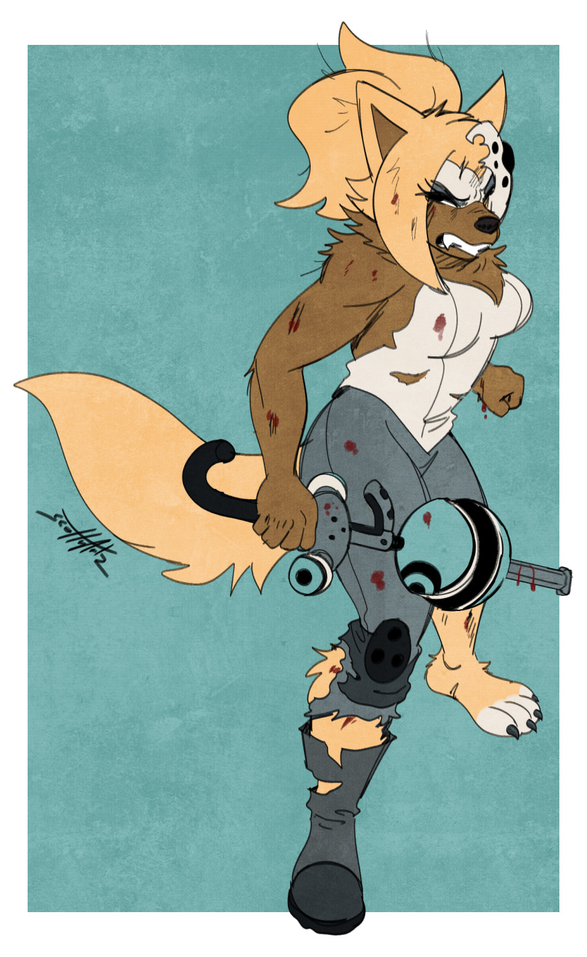 2024 4_toes 5_fingers anthro black_nose blonde_hair boots bottomwear breasts broken_mask brown_body brown_fur canid canine canis claws cleavage clothed clothing fangs feet female fingers footwear fur gun hair hi_res hindpaw humanoid_hands idw_publishing mammal mask one_boot_on pants paws plantigrade ranged_weapon scottytheman sega solo sonic_the_hedgehog_(comics) sonic_the_hedgehog_(idw) sonic_the_hedgehog_(series) standing teeth toe_claws toes torn_clothing variable_wispon weapon whisper_the_wolf wolf wounded