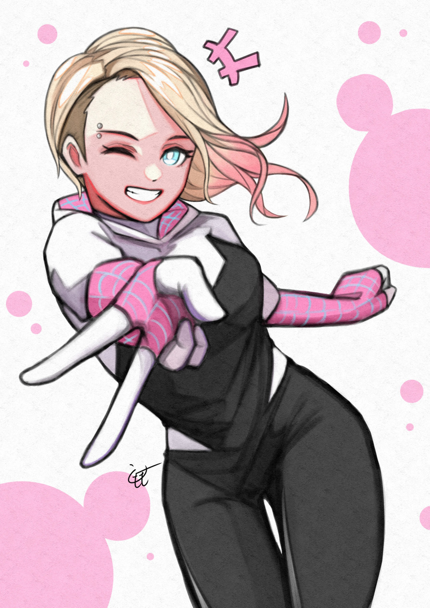 1girl absurdres arm_up black_bodysuit blonde_hair blue_eyes bodysuit breasts clenched_hand gradient_hair gwen_stacy highres hood hooded_bodysuit looking_at_viewer marvel medium_breasts medium_hair momo_juice multicolored_bodysuit multicolored_clothes multicolored_hair one_eye_closed piercing pink_bodysuit pink_hair signature smile solo spider-gwen spider-man:_into_the_spider-verse spider-man_(series) spider-verse spider_web_print standing superhero teeth v white_background white_bodysuit