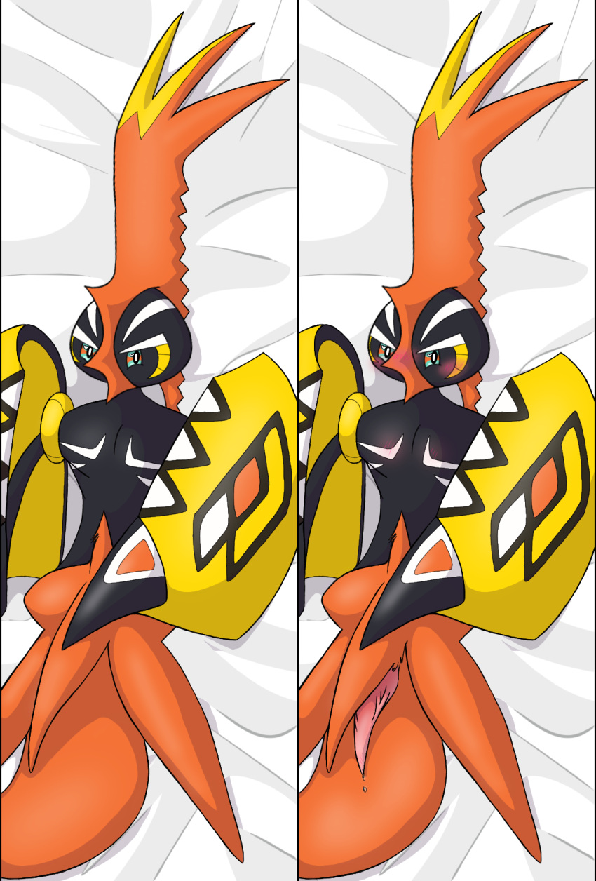 2d_(artwork) animal_genitalia animal_penis avian avian_penis bed_sheet bedding bird black_body blue_eyes blush bodily_fluids body_hair cel_shading claws cloacal_penis coberrycheesesnek_(artist) colored dakimakura_design dakimakura_pose digital_drawing_(artwork) digital_media_(artwork) dripping feathered_crest feathers feral full-length_portrait generation_7_pokemon genital_fluids genitals glistening glistening_eyes happy_trail head_crest hi_res legendary_pokemon legless looking_at_viewer lying male markings nintendo nude on_back orange_body orange_feathers penis pokemon pokemon_(species) portrait precum precum_drip presenting presenting_penis shaded simple_background solo tail tail_feathers tapering_penis tapu_koko unusual_anatomy white_markings yellow_body yellow_feathers