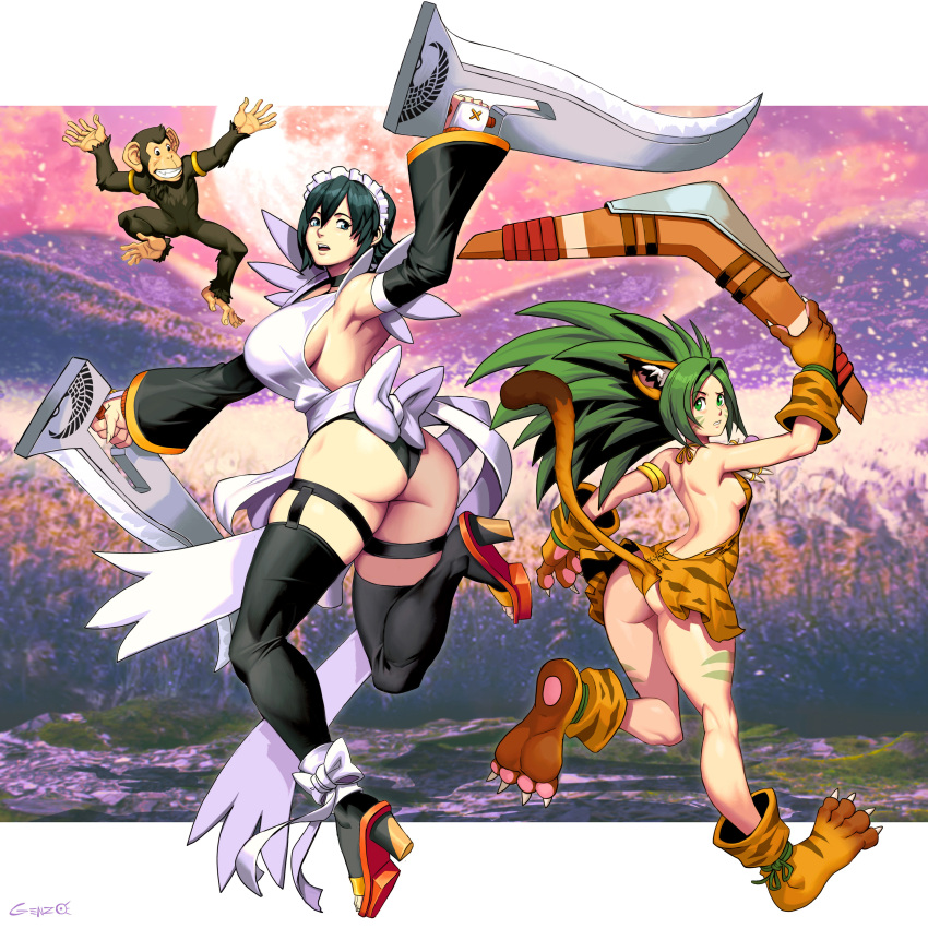 2girls absurdres animal_ears animal_hands animal_print apron ass bandages_over_clothes black_hair black_thighhighs blue_eyes boomerang breasts butterfly_swords cat_ears cham_cham choker cleavage commission fang flipped_hair frilled_leotard frills genzoman gloves green_eyes green_hair highres huge_breasts iroha_(samurai_spirits) japanese_clothes lace-trimmed_apron lace_trim large_breasts leotard long_hair looking_at_viewer maid maid_headdress maid_leotard monkey multiple_girls multiple_swords open_mouth paku_paku paw_gloves paw_shoes samurai_spirits shoes short_hair small_breasts snk tail thighhighs thighs tiger_ears tiger_girl tiger_paws tiger_print tiger_tail toeless_legwear unconventional_maid weapon