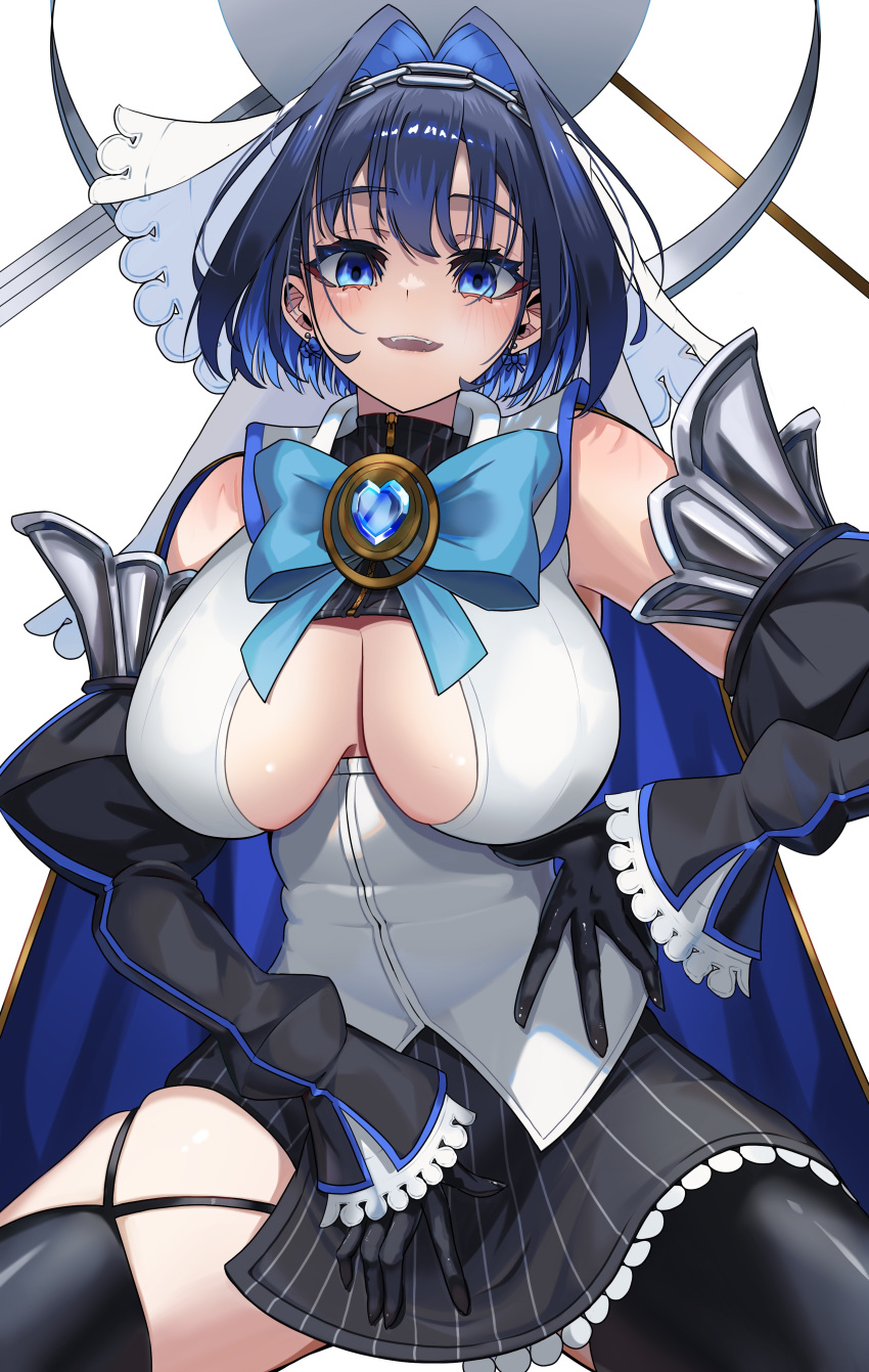 1girl absurdres black_gloves black_shirt black_skirt black_sleeves black_thighhighs blue_bow blue_bowtie blue_cape blue_eyes blue_hair bow bow_earrings bowtie breasts cape chain_headband clothing_cutout cropped_shirt detached_sleeves earrings fangs frilled_skirt frilled_sleeves frills gloves h4kuuua_0 hair_intakes half-skirt halo hand_on_own_hip heart-shaped_gem highres hololive hololive_english jewelry juliet_sleeves large_breasts light_blush long_sleeves looking_at_viewer mechanical_halo miniskirt ouro_kronii ouro_kronii_(1st_costume) pinstripe_pattern pinstripe_shirt pinstripe_skirt puffy_sleeves sailor_collar shirt short_hair simple_background sitting skindentation skirt sleeveless sleeveless_shirt smile solo teeth thighhighs underboob_cutout virtual_youtuber white_background white_sailor_collar white_shirt white_veil zipper zipper_pull_tab