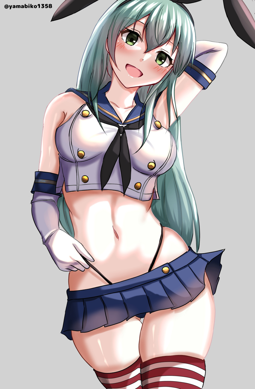 1girl absurdres aqua_eyes aqua_hair arm_behind_head black_hairband black_neckerchief black_panties blue_sailor_collar blue_skirt blush breasts commentary_request cosplay cowboy_shot crop_top elbow_gloves gloves hair_ornament hairband hairclip highleg highleg_panties highres kantai_collection large_breasts long_hair looking_at_viewer microskirt mizuki_(uzuki_no_sato) navel neckerchief panties sailor_collar shimakaze_(kancolle) shimakaze_(kancolle)_(cosplay) skirt striped_clothes striped_thighhighs suzuya_(kancolle) thighhighs thong twitter_username underwear white_gloves