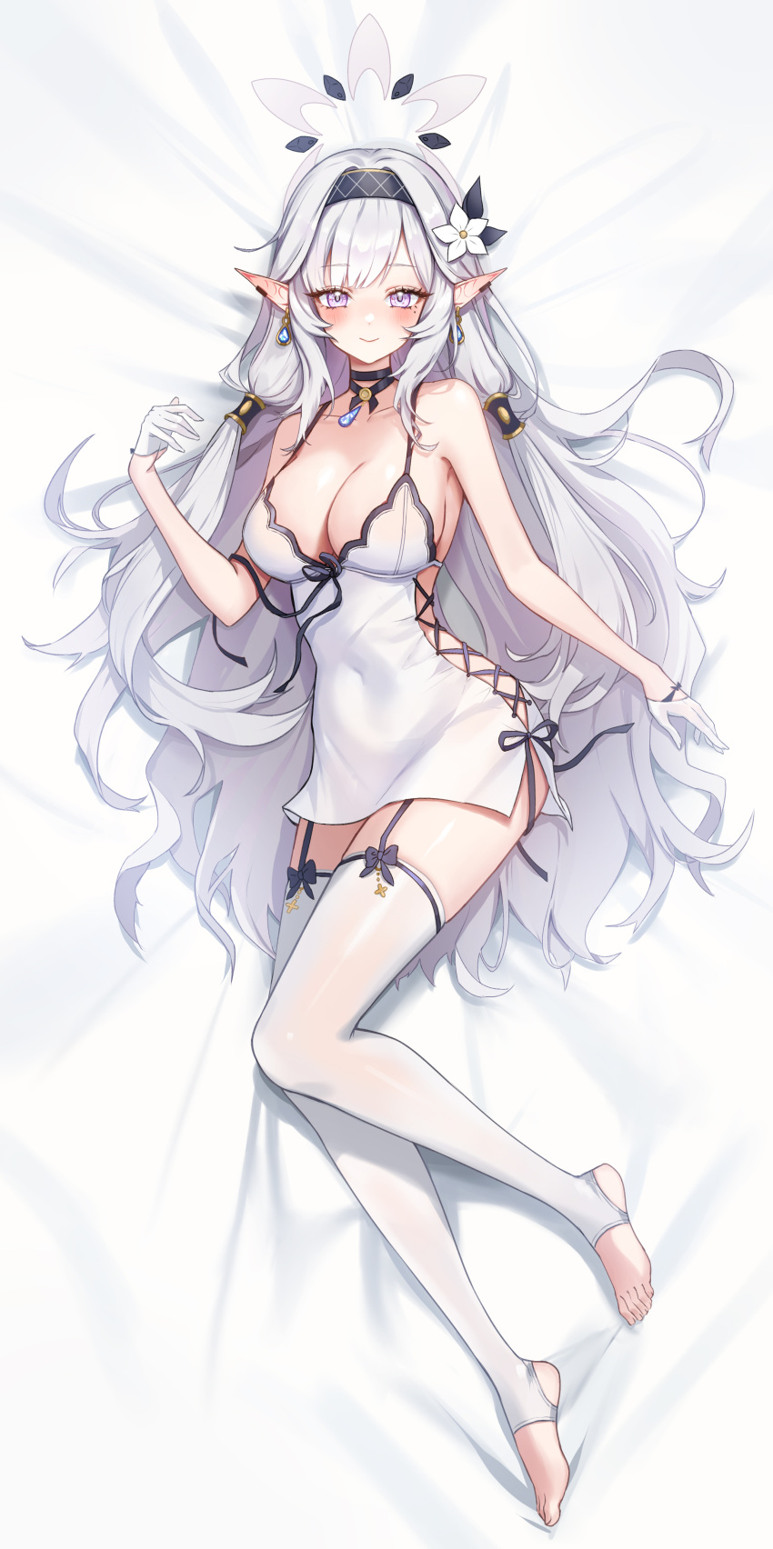 1girl absurdres alternate_breast_size bed_sheet black_hairband blue_archive blush breasts closed_mouth collarbone commentary dress feet flower full_body gloves grey_hair grey_halo hair_flower hair_ornament hair_tubes hairband halo highres himari_(blue_archive) hovaku knees_together_feet_apart legs long_hair mole mole_under_eye no_shoes pointy_ears purple_eyes revision smile solo stirrup_legwear striped_clothes striped_hairband thighhighs toeless_legwear toes white_dress white_flower white_gloves white_thighhighs