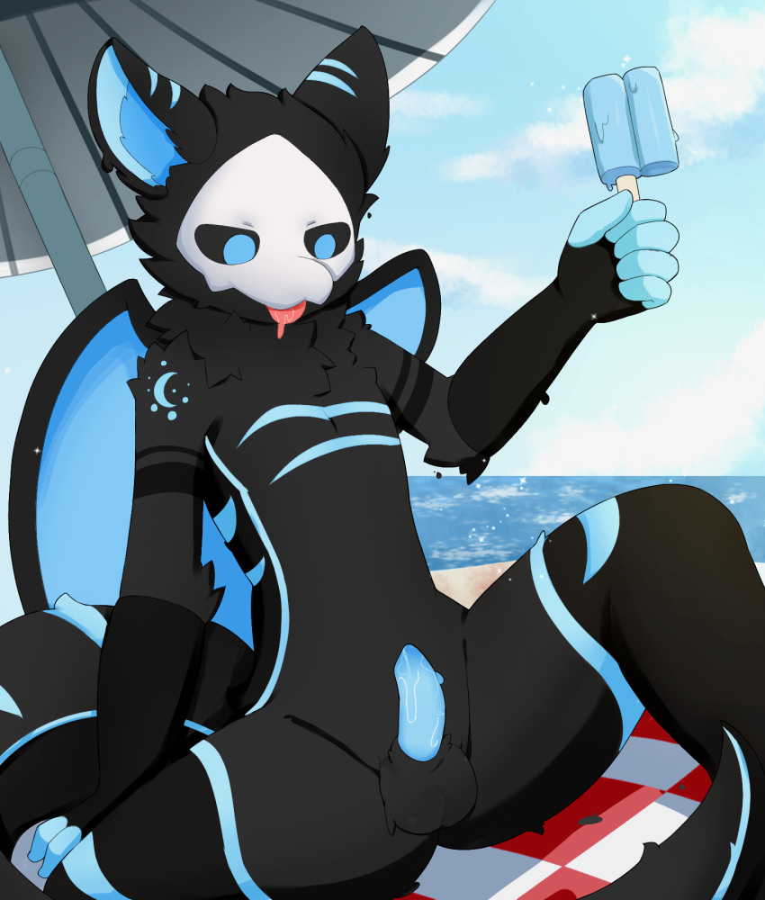 5_fingers anthro balls beach biped black_body black_fur black_sclera blue_eyes blue_penis changed_(video_game) cloud erection fingers food fur genitals hi_res holding_food holding_object holding_popsicle kiyokiyowou male parasol penis popsicle puro_(changed) solo tail