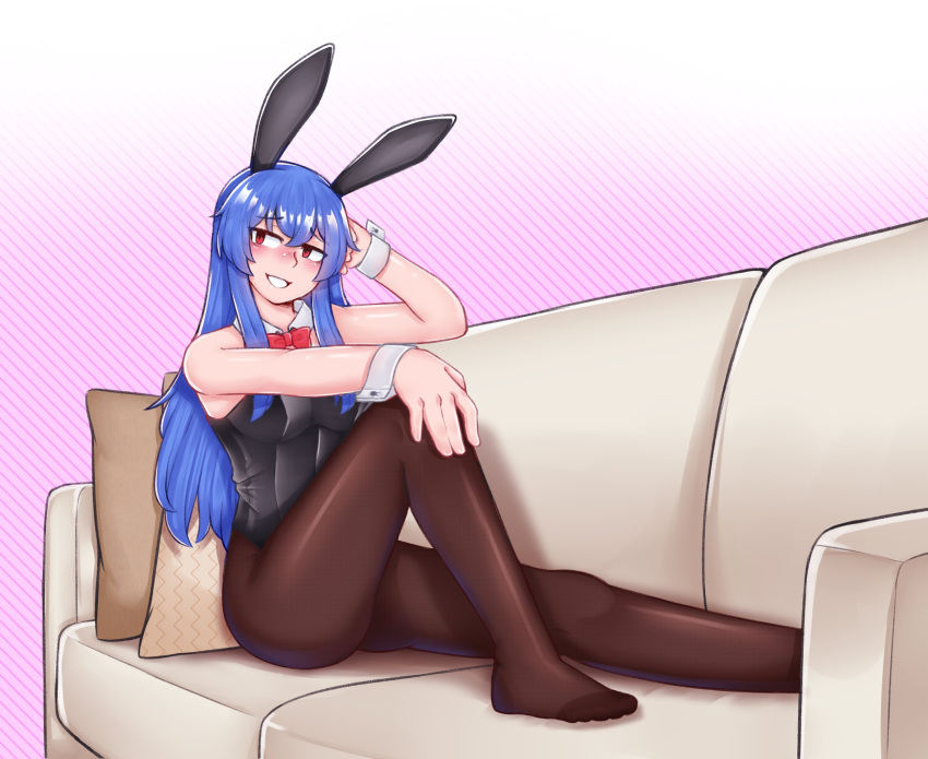 1girl :3 animal_ears averageairhead black_leotard blue_hair blush bow bowtie brown_pantyhose commentary commission couch detached_collar english_commentary frilled_skirt frills highres hinanawi_tenshi leotard long_hair looking_at_viewer no_shoes pantyhose pink_background playboy_bunny rabbit_ears rainbow_gradient rainbow_order red_bow red_bowtie red_eyes sitting skirt solo touhou variant_set wrist_cuffs