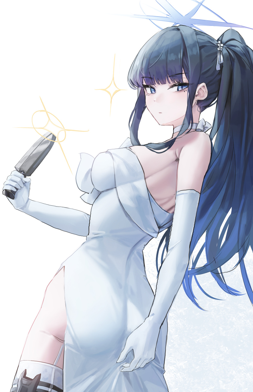 1girl absurdres ass black_hair blue_archive blue_eyes blue_halo breasts closed_mouth cowboy_shot dress elbow_gloves gloves halo highres holding holding_weapon long_hair looking_at_viewer medium_breasts official_alternate_costume saori_(blue_archive) saori_(dress)_(blue_archive) solo thighhighs uth_95 weapon white_dress white_gloves white_thighhighs