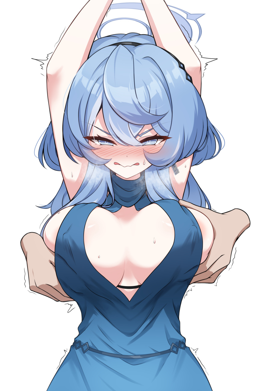 1girl absurdres ako_(blue_archive) ako_(dress)_(blue_archive) arms_up blue_archive blue_dress blue_eyes blue_hair blue_halo blush breasts cleavage commentary_request disembodied_limb dress earrings evening_gown grabbing grabbing_another's_breast hair_between_eyes halo highres jewelry kimofest large_breasts looking_at_viewer medium_hair official_alternate_costume partial_commentary sideless_dress sideless_outfit sleeveless sleeveless_dress solo_focus sweat wavy_mouth