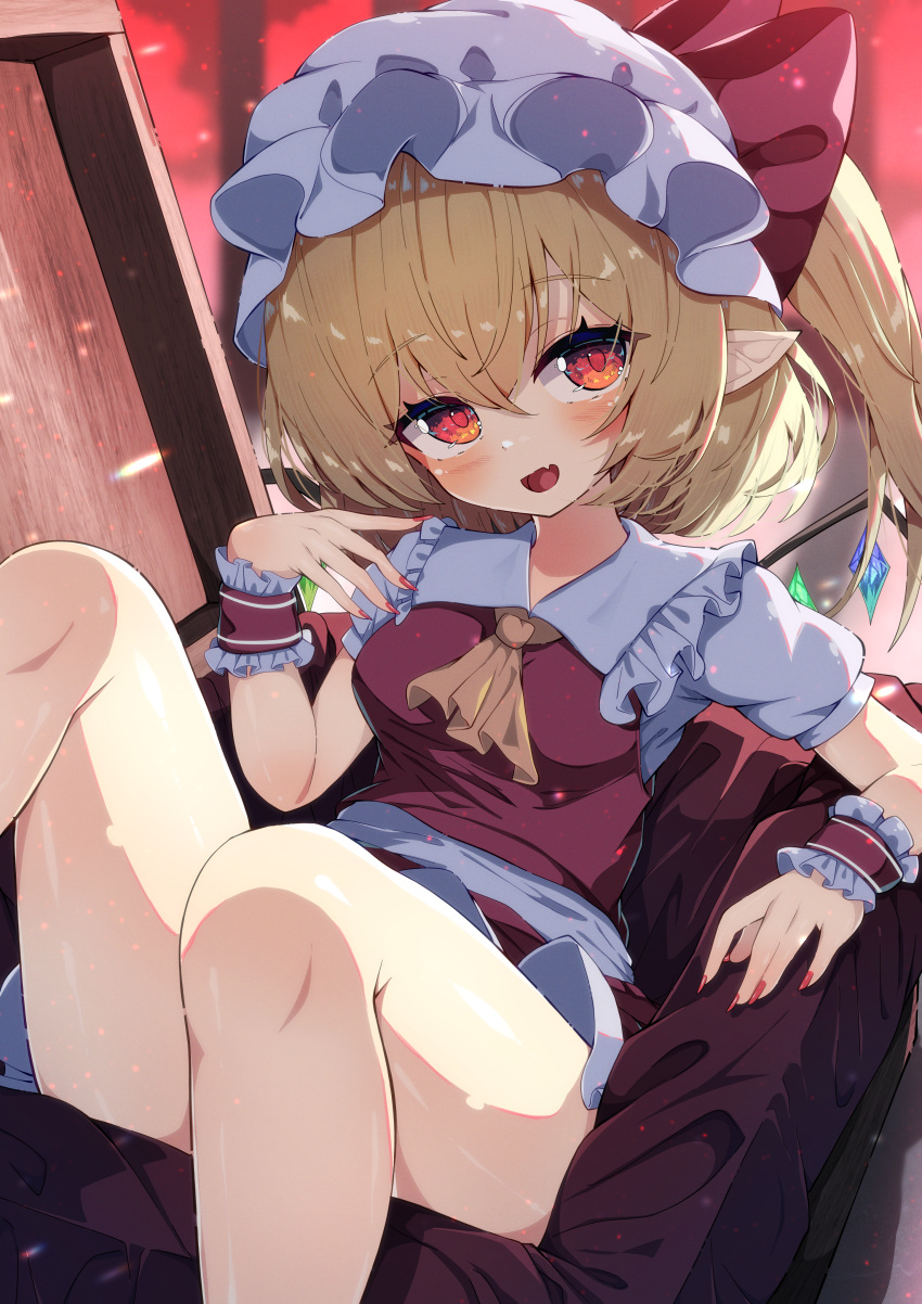 1girl absurdres ascot blonde_hair blush bow breasts commentary_request crystal dfra fang flandre_scarlet frilled_cuffs hat hat_bow highres indoors legs light_particles looking_at_viewer mob_cap multicolored_wings open_mouth pointy_ears puffy_short_sleeves puffy_sleeves red_bow red_eyes red_shirt red_skirt shirt short_hair short_sleeves side_ponytail skin_fang skirt skirt_set smile solo touhou vampire white_headwear wings wrist_cuffs yellow_ascot