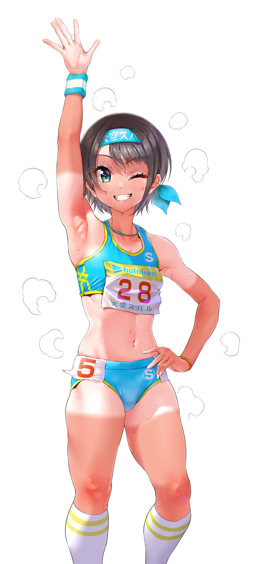 1girl absurdres arm_up armpits black_hair blue_bra blue_buruma blue_eyes blue_headband blue_wristband bra buruma hand_on_own_hip hand_up headband highres hololive kilesha navel one_eye_closed oozora_subaru short_hair simple_background socks solo sports_bra steaming_body sweat sweatband tan tanlines thighs track_and_field track_uniform underwear virtual_youtuber waving white_background white_socks