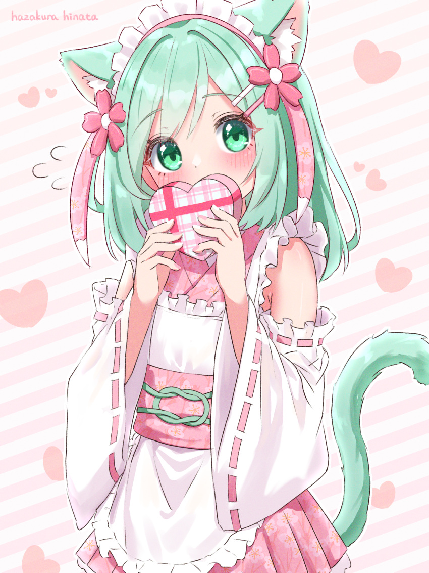 1girl absurdres animal_ears apron artist_name box cat_ears cat_girl cat_tail covering_own_mouth detached_sleeves flower frilled_apron frills gift gift_box green_eyes green_hair hair_flower hair_ornament hairclip hazakura_hinata heart heart-shaped_box highres holding holding_gift japanese_clothes kimono looking_at_viewer maid maid_headdress original pink_kimono solo tail upper_body valentine variant_set wa_maid