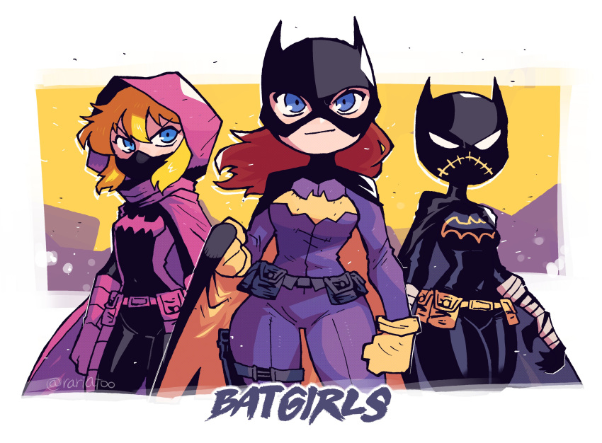 3girls absurdres animification barbara_gordon batgirl batman_(series) belt black_cape blonde_hair blue_eyes bodysuit boots breasts cape cassandra_cain clenched_hand clenched_hands closed_mouth dc_comics emblem flat_color frown full_body gloves highres hood hooded_cape long_hair looking_at_viewer mask midair multiple_girls purple_cape purple_gloves rariatto_(ganguri) red_hair solo spoiler_(dc) stephanie_brown superhero twitter_username utility_belt yellow_background